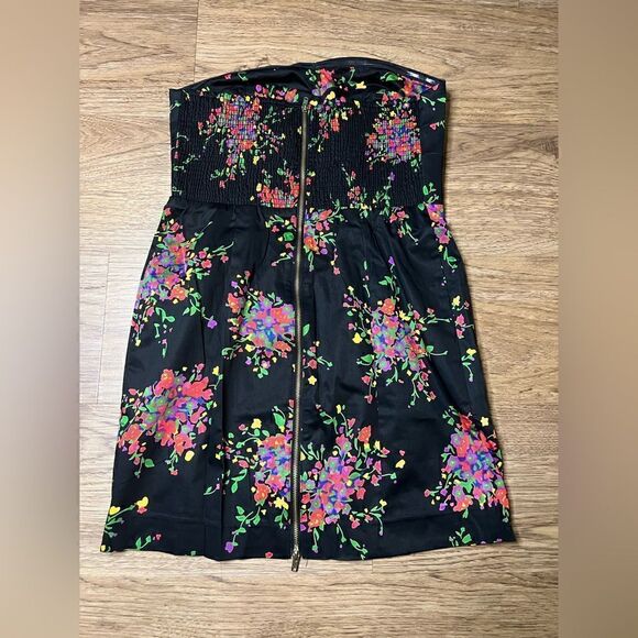 Free People Womens Dress Size 2 Black Floral Sheath Empire Waist Strapless Short - Picture 5 of 8